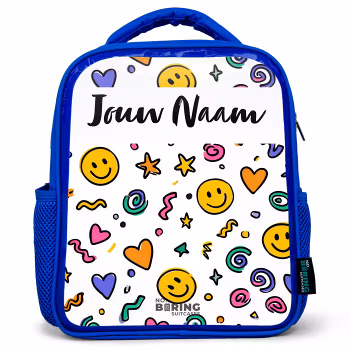 Kinderrugzak met naam - Blauw - Smiley - Hartje - Ster